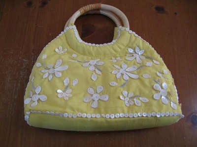 Vtg Coldwater Creek Silk & Shell Yellow Island Small Purse Handbag Wood Handle