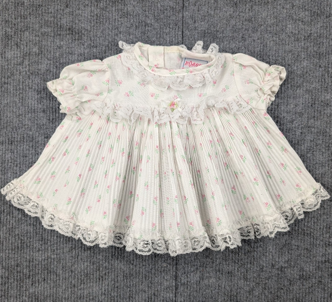 Vintage Roanna Dress Baby Girl 0-6M Lace Trim Retro Pleated Rosette Victorian