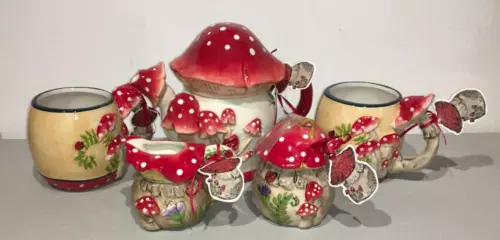 BLUE SKY CLAYWORKS MUSHROOM THEME TEA SET OF 5 (NWT)