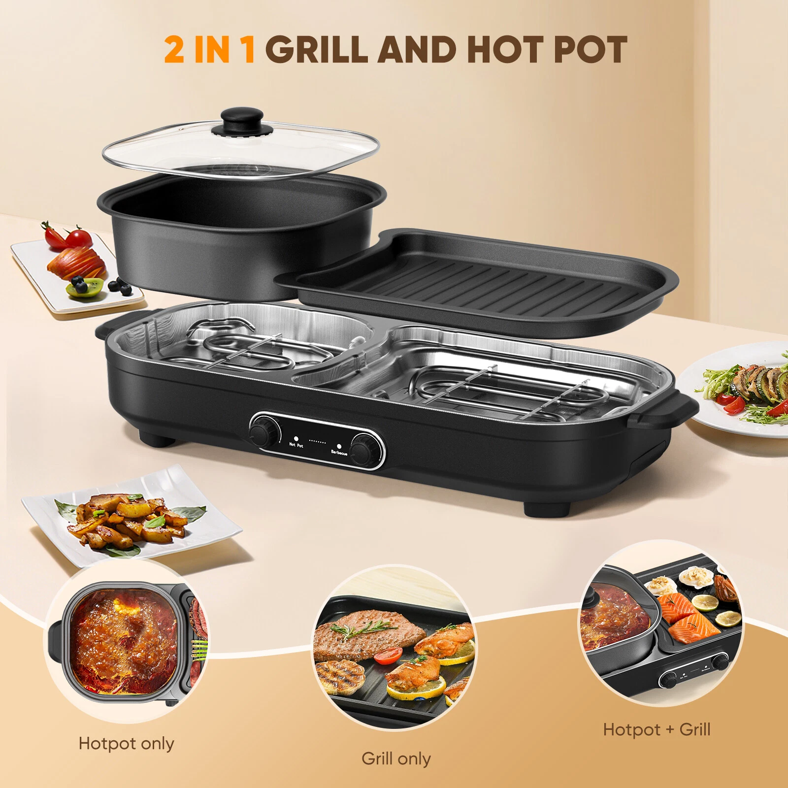 2In1 Non-Stick Electric Hot Pot Smokeless Shabu BBQ Grill Baking Tray Detachable