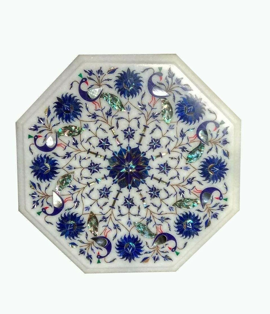 15-inch Marble Tabletop with Floral Semi-Precious Stone Inlay Handicraft  