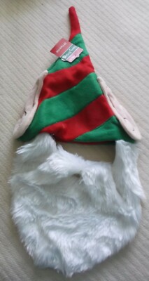 MERRY BRITE RED AND GREEN ELF HAT  - BEARD - ADULT ONE SIZE - NWT
