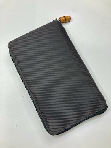 GUCCI VINTAGE BAMBOO ZIP AROUND CANVAS PATENT LEATHER LONG WALLET GRAY ITALY - Picture 5 of 12