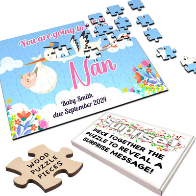 Personalisiertes Holzpuzzle Nan Schwangerschaftsankündigung Geschenk Storch Baby