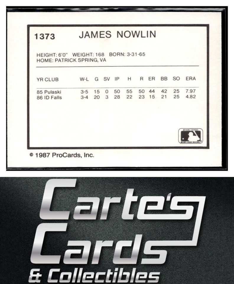 James Nowlin 1987 ProCards #1373  Sumter Braves - Image 2 of 2