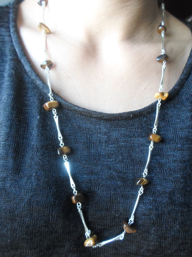 Sautoir/collier En Argent Massif Avec Pendentif œil De Tigre – Bijou Occasion, Pierre Naturelle