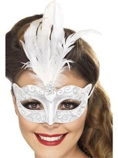 Smiffys Venetian Glitter Eyemask, Silver with Feathers, Eyemasks Fancy Dress, Co