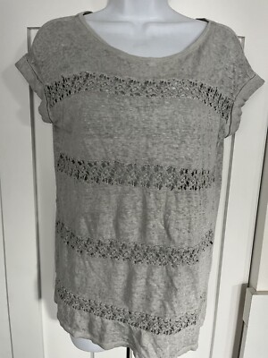 Anthropologie Akemi Kin Crochet Lace Trim Short Sleeve Gray Top 100% Linen S M L
