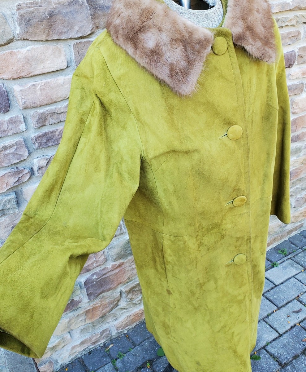 Vtg Suede Leather Coat Jacket With Real Fur Collar 1960s Mod Retro