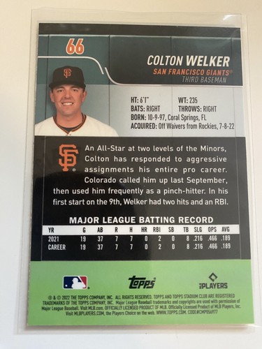 2022 Stadium Club Chrome #66 Colton Welker RC San Francisco Giants - Picture 2 of 2