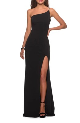 La Femme Black One-Shoulder Side Slit Jersey Gown Size 14 Orig $256
