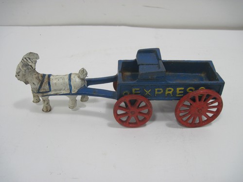 Vintage Cast Iron Goat/Ram Pulling Express Cart With Red Wheels Blue Wagon - Picture 3 of 6