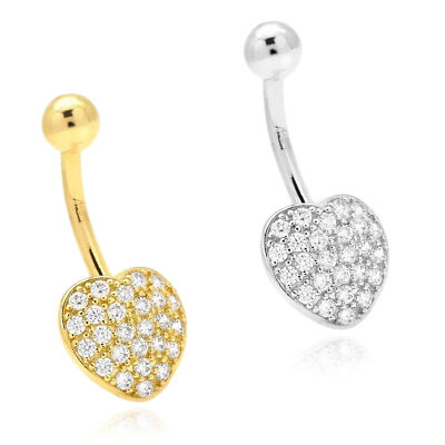 Solid 14k Gold Cubic Zirconia Heart Belly Button Navel Ring Love Body Piercing