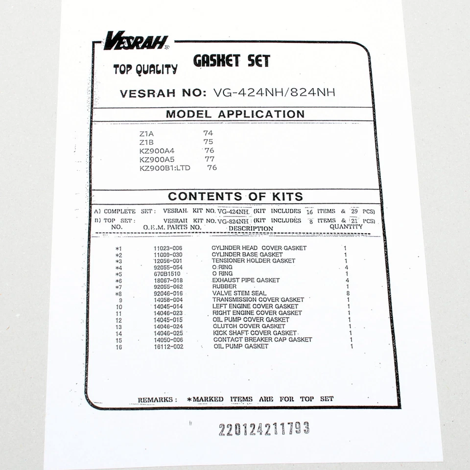 Engine gasket set complete for Kawasaki Z1A Z1B Z 900 (Z1F) 74-76 Foto 2 de 3