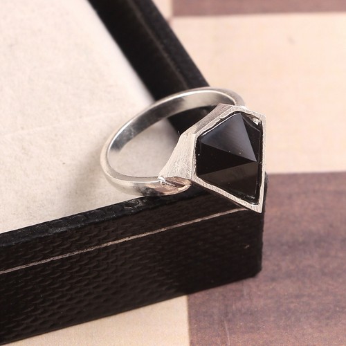 Sterling Silver With Black Onyx Ring Diamond Shape Chalcedony Gemstone Ring