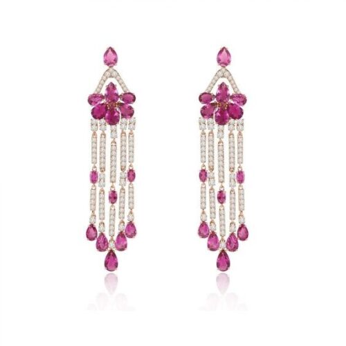 Lab Pink Topaz Long Dangle Earrings 925 Sterling Silver Handmade High Jewelry - Picture 1 of 3