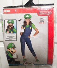 Luigi Costume Girls 7-8 Mustache Stick Gloves Hat Jumpsuit Super Mario Cute NEW