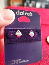 Claire's Sterling Silver Multicolor Rhinestone Cupcake Earrings, New, Dainty 