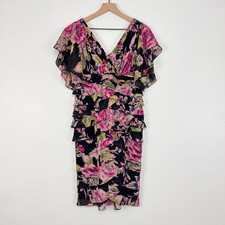 Adrianna Papell Floral Ruffle Tiered V Neck Cocktail Dress Size 8 Black Pink