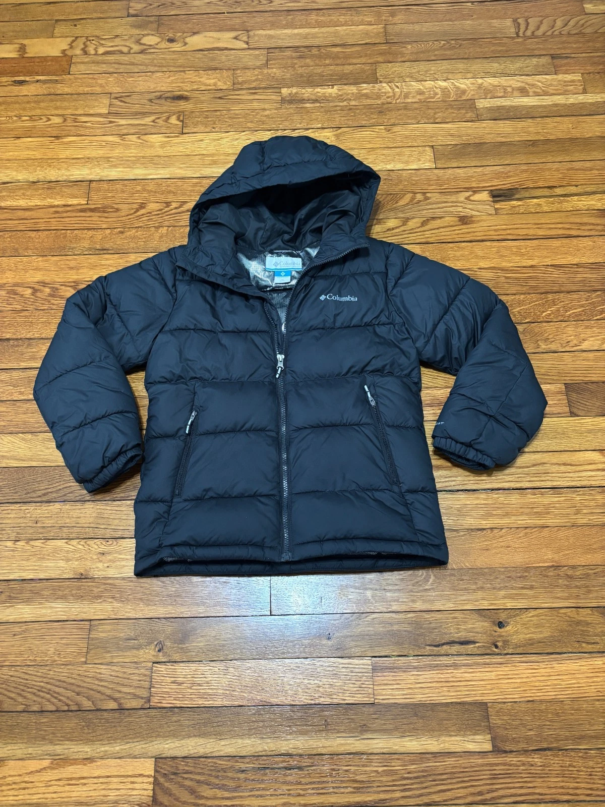 Columbia Boys Puffer Jacket Sz Medium 10/12 Black Omni-Heat Insulated Coat Hood