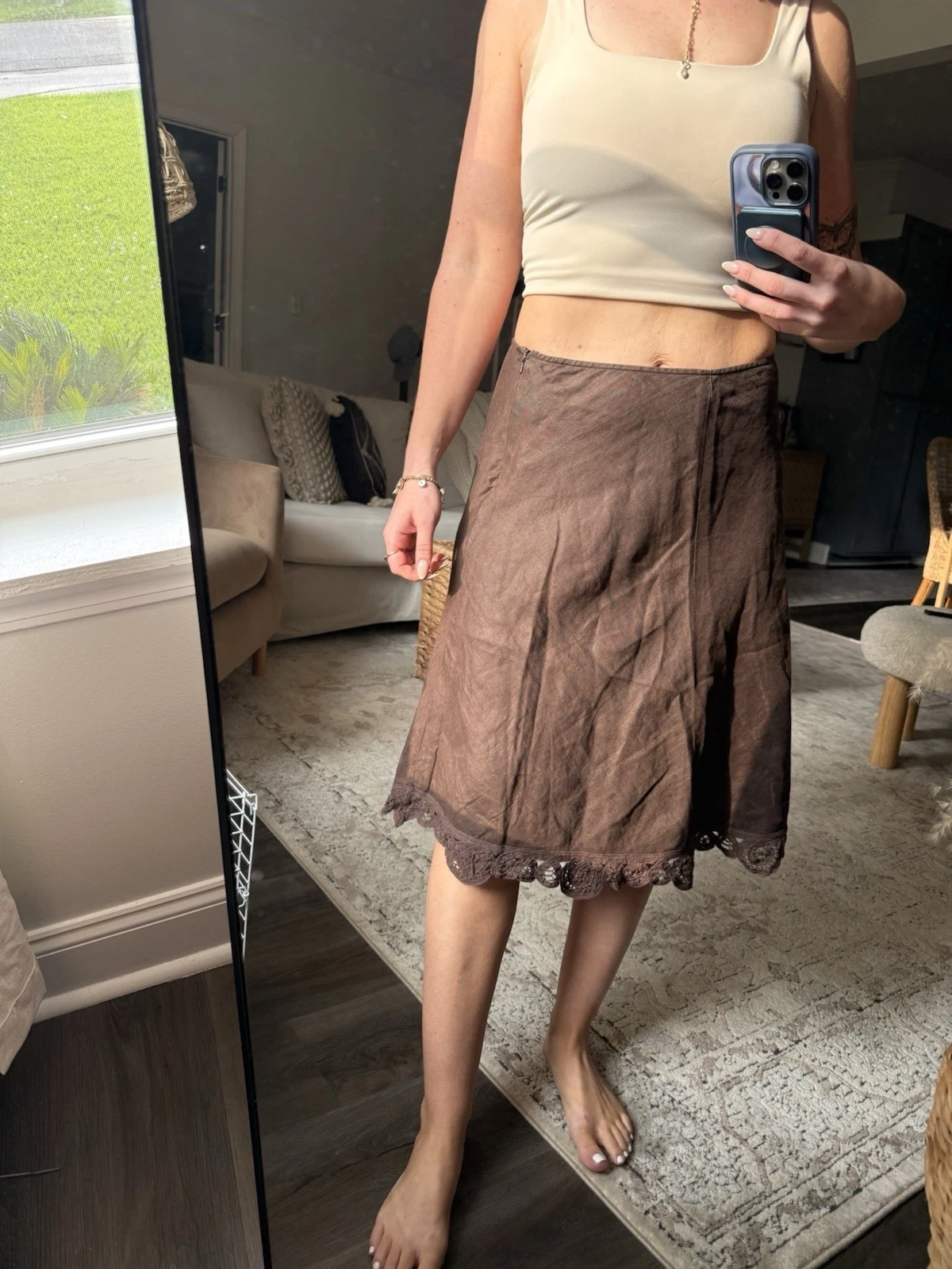 Vintage Y2K Old Navy Lace Trim A Line 100% Linen Skirt Brown Size 2
Opens in a new window or tab