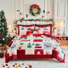 Christmas Duvet Cover Set Size 3 Pieces Black Plaid Holiday Bedding Queen Red