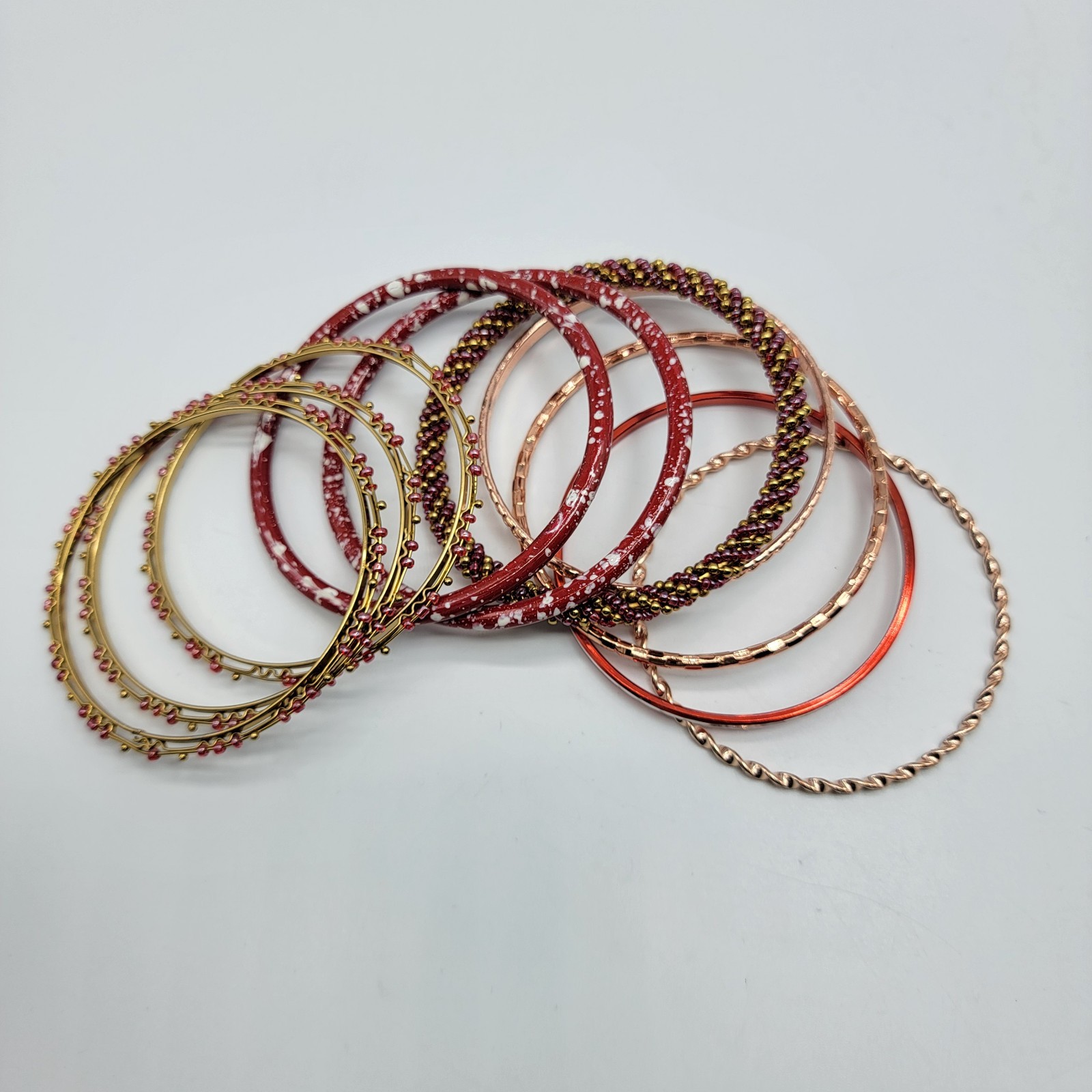10Pc Metal Stackable Bangle Bracelet Red Gold Ton… - image 1