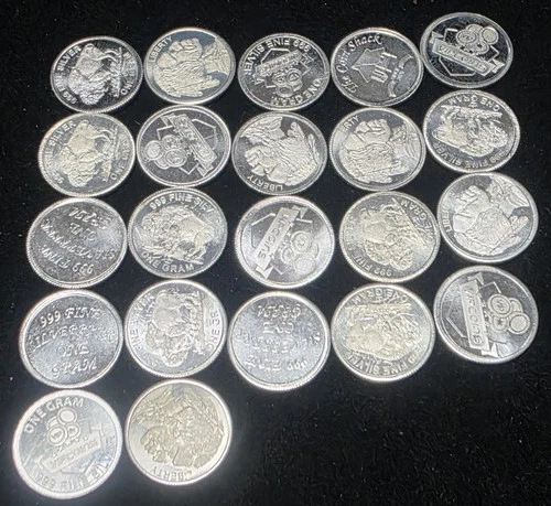 Lot Of 22 1 Gram 999 Fine Silver Rounds 1g Buffalo Monarch Various Mints Designs