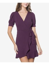 B DARLIN Womens Purple Tie Short Sleeve V Neck Mini Wrap Dress 56