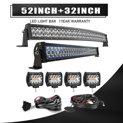 5D 52'' Curved 300W LED Light Bar with 32'' Straight 180W Bar & 4X 4'' Pods Kit