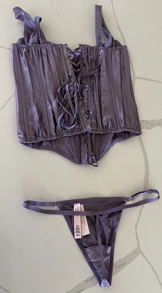 Victoria's Secret VS на шнуровке корсет верх и трусики комплект фиолетовый 100% шелк средний новый с Ярлыками - Изображение 4 из 4