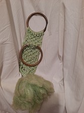 Vintage 70s Macrame Towel Holder w/Plastic Rings Green White