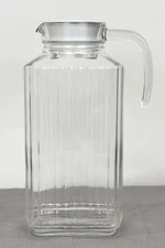 Vintage 1970’s Arcoroc Clear Ribbed Glass Pitcher Jug with Handle & White Lid