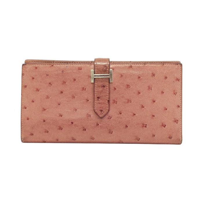 HERMES Bearn Souffle Ostrich Leather Exotic Pink Used Card Pocket