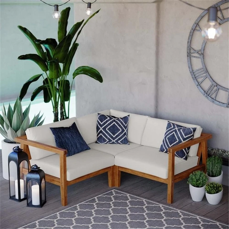 Modway Bayport 3 Piezas Tela y Madera de Teca Patio Seccional en Natural y Blanco Foto 2 de 4