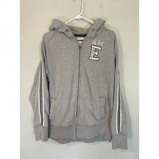 American Eagle Mens XL Vintage Fit Zip Up Hoodie Grey Stripe Spell Out Logo Y2K