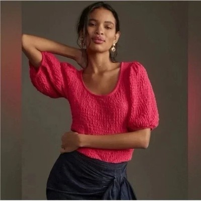 Anthropologie Maeve Hot Pink Textured Puff Sleeve Blouse Size M