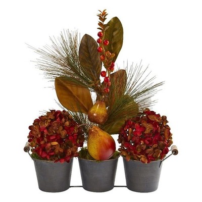 Nearly Natural 17'' Fall Hydrangea Pears & Magnolia Leaf in Trio Metal Vase