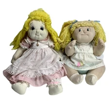 2 Cloth Rag Doll Dress Smocked Yarn Hair Blonde Braided 25 & 20 in Handmade Vtg