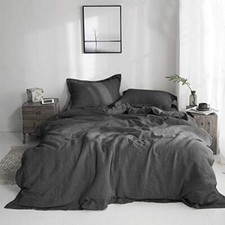 100 Linen Duvet Cover Set with Embroidery Washed - 3 Pieces 1 King Dark Grey