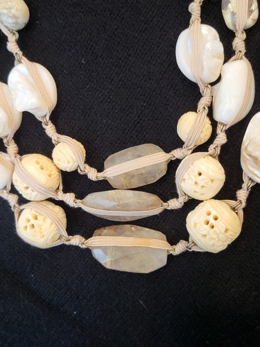 Stephen Dweck Sterling 3-Strand Cord Carved Faux Ivory Shells Gemstone Necklace - Picture 7 of 20