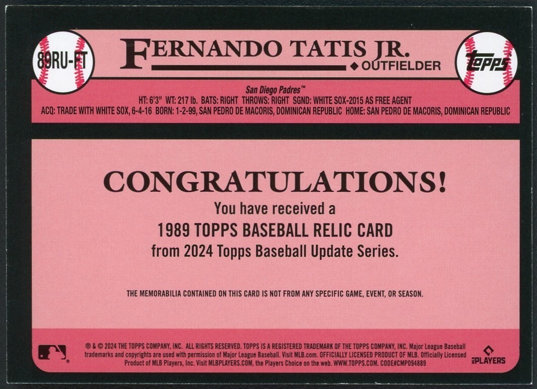 2024 Topps Update Fernando Tatis Jr. 1989 Topps Relic Black 2024 Topps Update Fernando Tatis Jr. 1989 Topps Relic Black