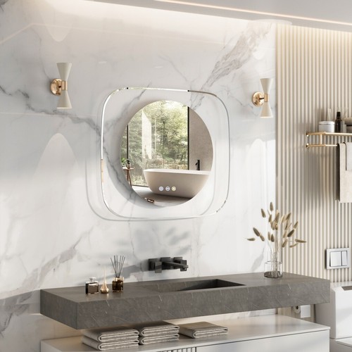 Modern LED Bathroom Mirror w/ Backlit Clear Glass Frame Defog Dimmable Touch HD - Picture 9 of 17