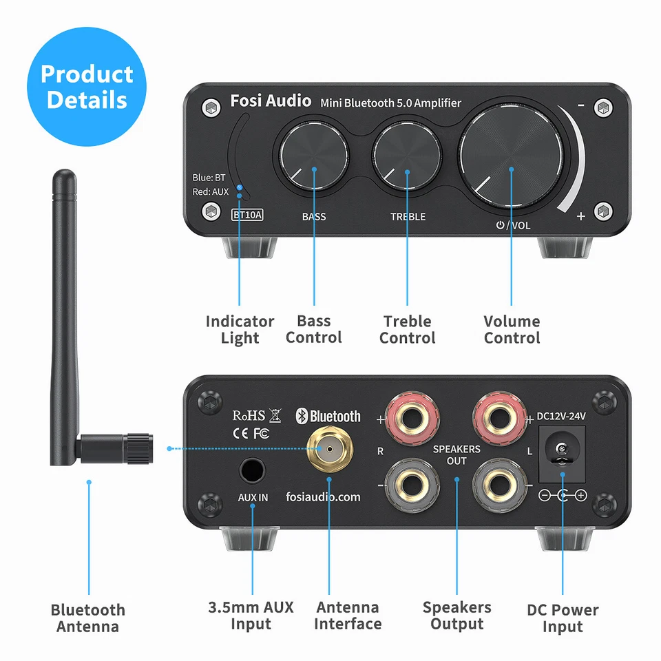 Fosi Audio BT10A Bluetooth 5.0 Stereo Audio Amplifier Receiver 2 Channel Class D - Image 2 of 4
