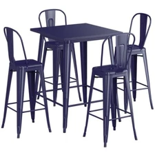 32" Square Navy Metal Restaurant Bar Table Set with 4 Cafe Barstool For Outdoor
