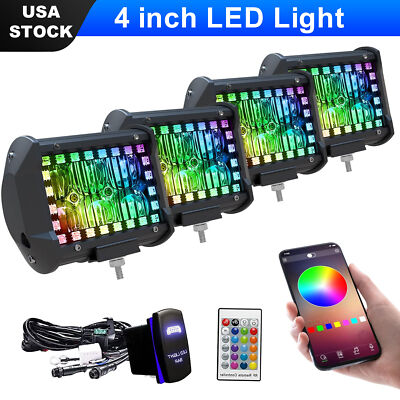 4PCS 4inch Flood Beam Work Light Pods with RGB Halo Ring Off-Road Fog Lamps