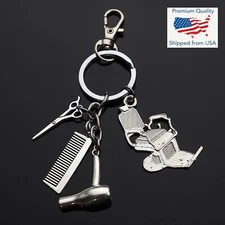 Barber Chair Comb Scissors Hair Stylist Blow Dryer Key Chain Charm Keychain Clip