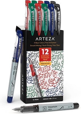 ARTEZA Einweg Füllfederhalter 12er Set, 4 Grundfarben - schnelltrocknende Tinte