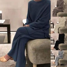 2Pcs Women Knitted Casual Loose Sweater Pants Ribbed Co-ord Set Lounge Wear Sets