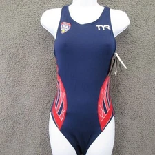 TYR Womens Zip Destroyer One Piece Swimsuit Blue Red Anti Odor Scoop Neck 38 New